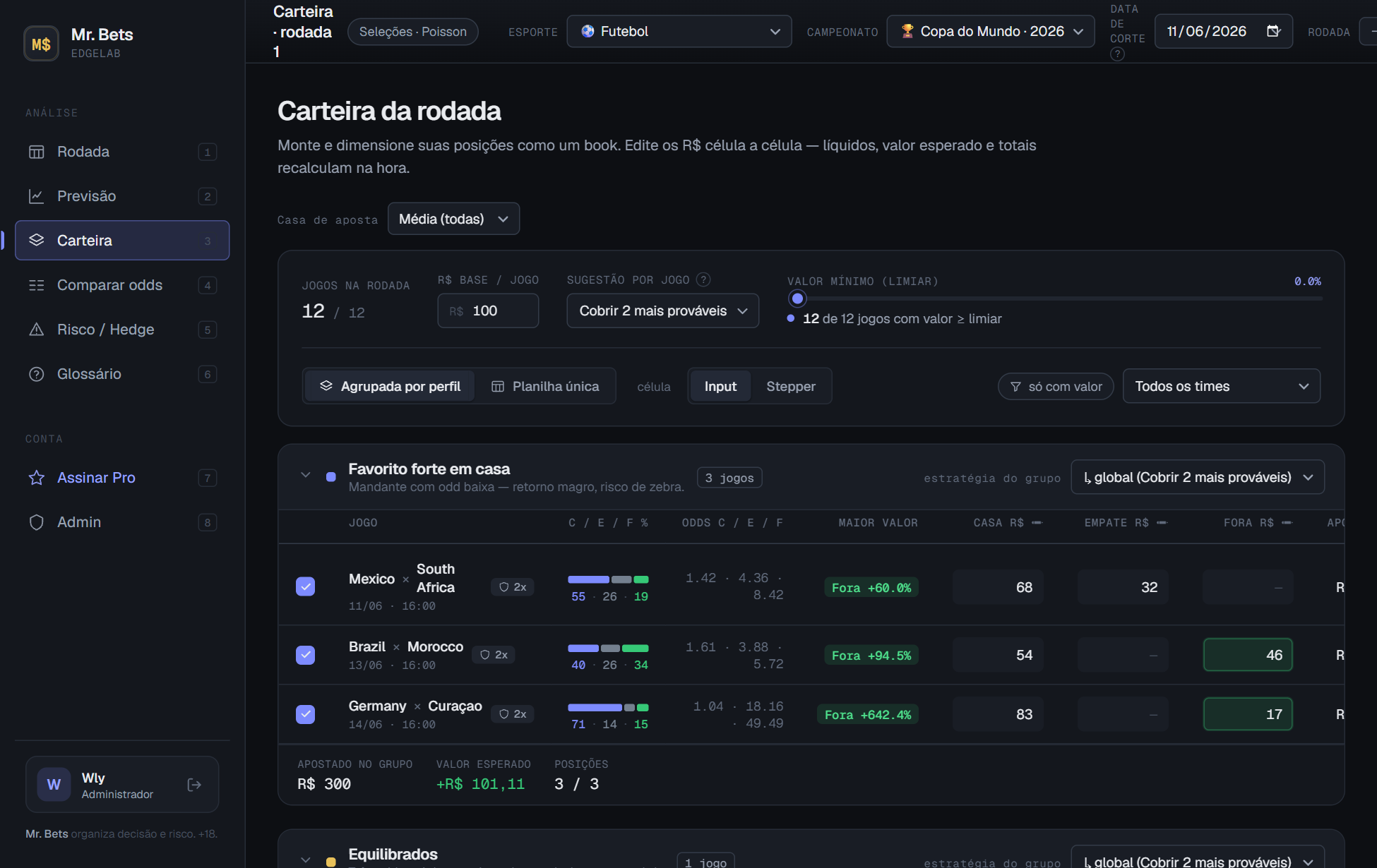 Tela de Apostas: planilha editável com jogos agrupados, valor e totais